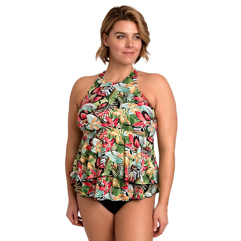 Plus Size A Shore Fit Jungle Jive Hip Solutions 2-Tier High-Neck Swim Top, 