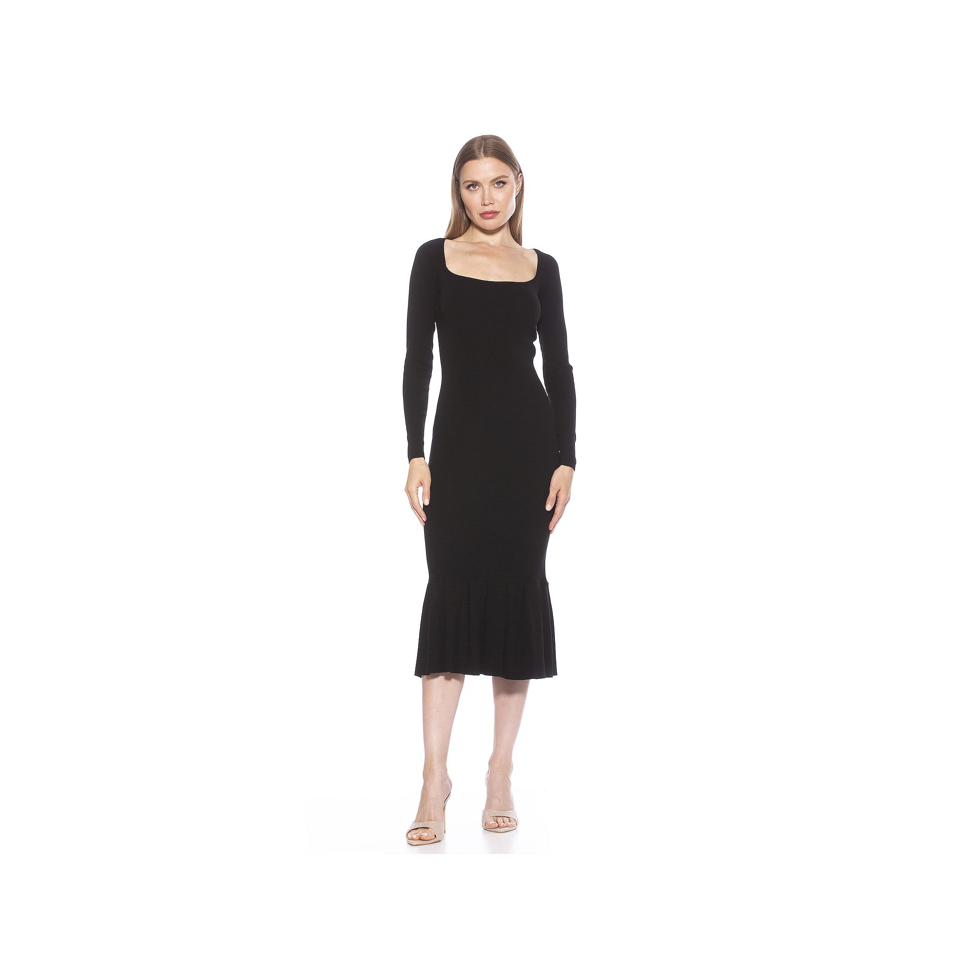 Womens ALEXIA ADMOR Reese Long Sleeve Ribbed Knit Square Neck Midi Dress, 