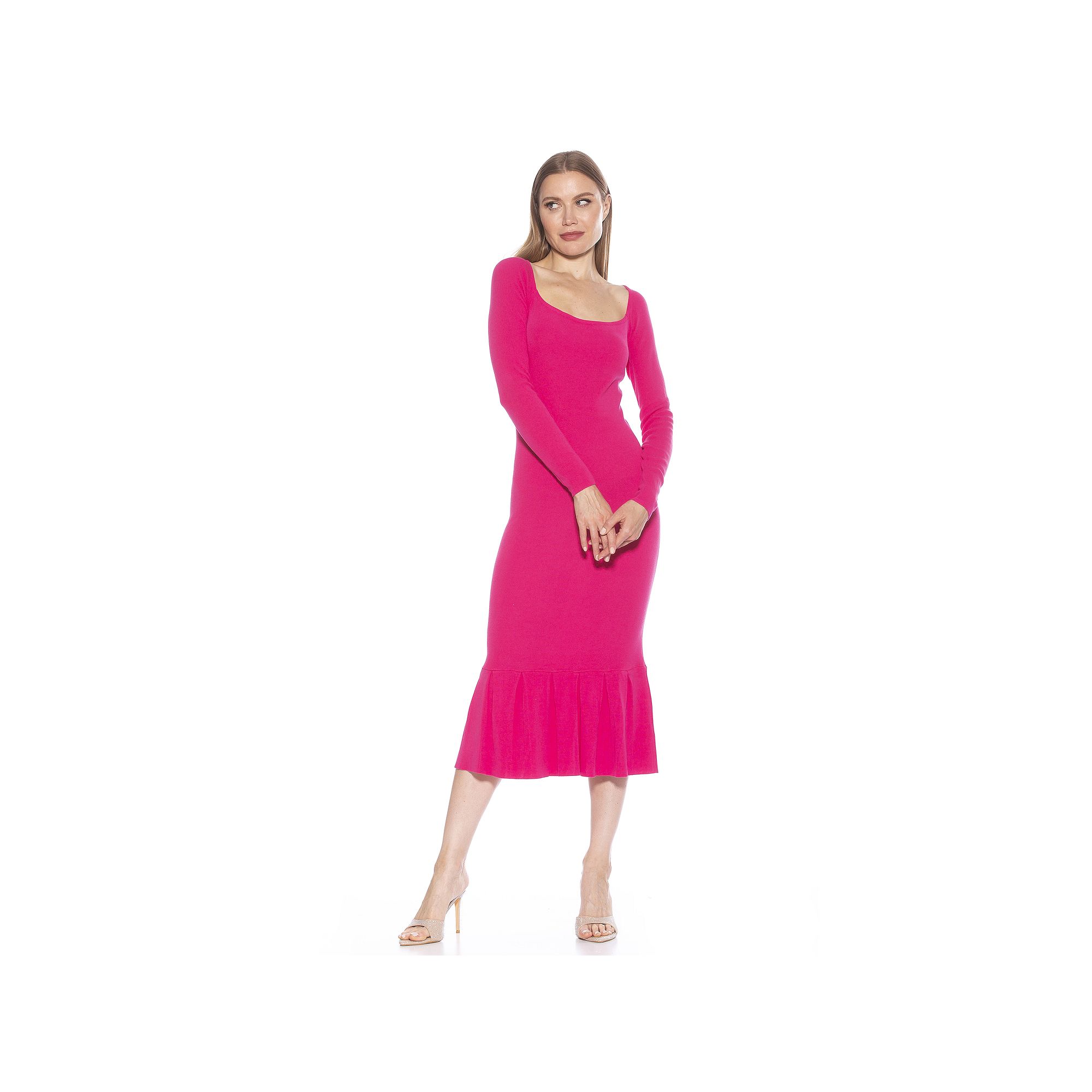 Womens ALEXIA ADMOR Reese Long Sleeve Ribbed Knit Square Neck Midi Dress, 