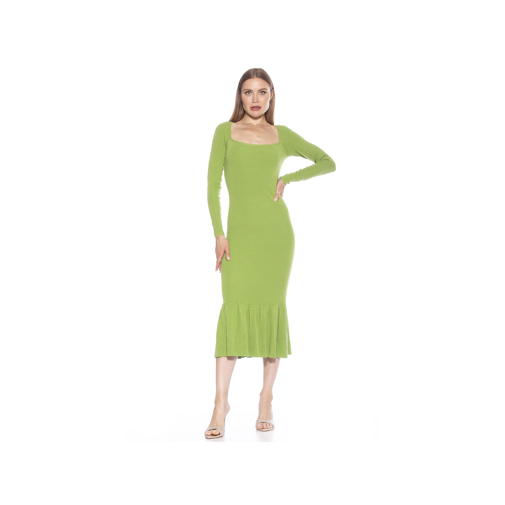 Womens ALEXIA ADMOR Reese Long Sleeve Ribbed Knit Square Neck Midi Dress, 