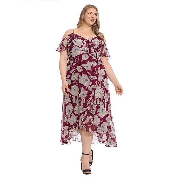 Plus Size London Times Ruffle Cold-Shoulder Maxi Dress