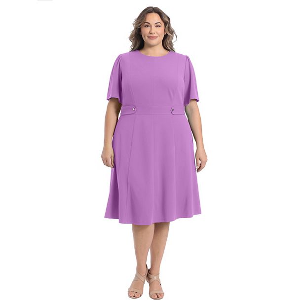 London Times Plus Size Fit & Flare Scuba Crepe Midi Dress - Lilac - Size 18w