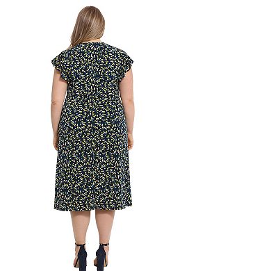 Plus Size London Times V-Neck Ruffle Sleeve Midi Dress 