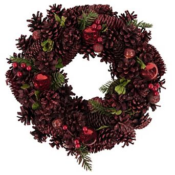 Northlight Red Pinecone Berry and Ornament Christmas Wreath 13.5 in Unlit