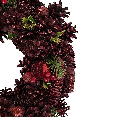 Northlight Red Pinecone Berry and Ornament Christmas Wreath 13.5-in. Unlit