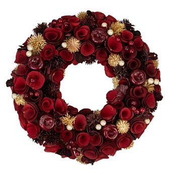 Northlight Red Wooden Roses with Apples and Pearls Artificial Christmas Wreath 13 in Unlit