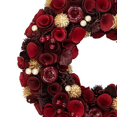 Northlight Red Wooden Roses with Apples and Pearls Artificial Christmas Wreath 13-in. Unlit