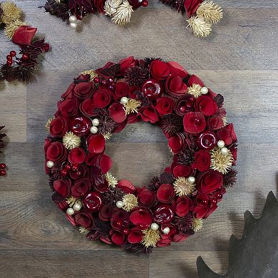 Northlight Red Wooden Roses with Apples and Pearls Artificial Christmas Wreath 13-in. Unlit