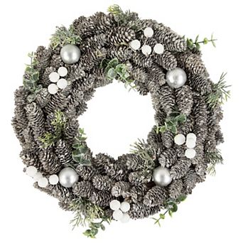 Northlight White Berry and Pinecone Foliage Christmas Ornament Wreath 12.5 in Unlit