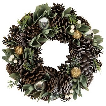 Northlight Silver and Green Mixed Foliage and Pinecone Christmas Wreath 13.5 in Unlit