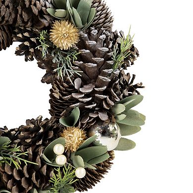 Northlight Silver and Green Mixed Foliage and Pinecone Christmas Wreath 13.5-in. Unlit