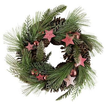 Northlight Red and Green Pine Needle Pinecone and Star Christmas Wreath 13.5 in Unlit