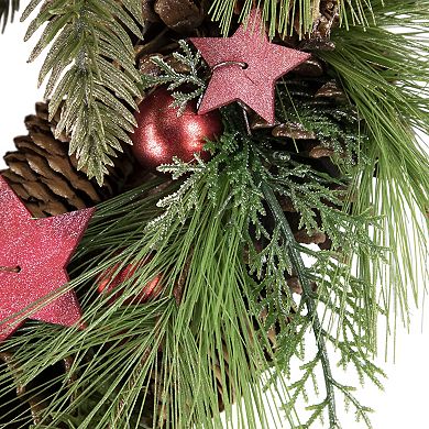 Northlight Red and Green Pine Needle Pinecone and Star Christmas Wreath 13.5-in. Unlit