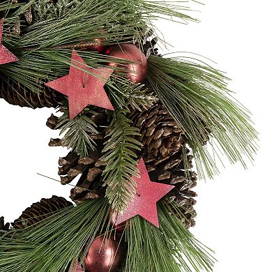 Northlight Red and Green Pine Needle Pinecone and Star Christmas Wreath 13.5-in. Unlit
