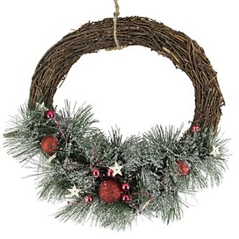 Northlight Red Ornaments Pine Needle and Stars Frosted Christmas Wreath 13.75-in.