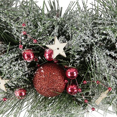 Northlight Red Ornaments Pine Needle and Stars Frosted Christmas Wreath 13.75-in.
