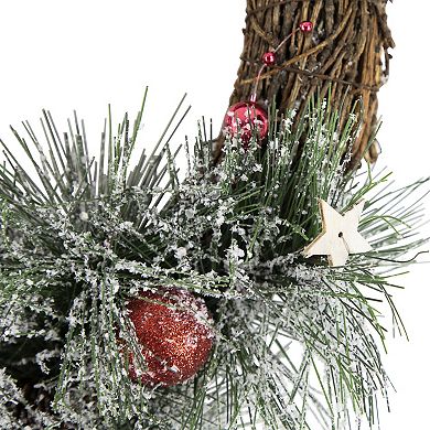 Northlight Red Ornaments Pine Needle and Stars Frosted Christmas Wreath 13.75-in.