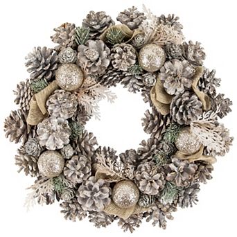 Northlight Green Pine and Burlap Bows Artificial Glitter Christmas Wreath 13.75 in Unlit