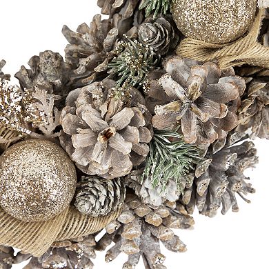 Northlight Green Pine and Burlap Bows Artificial Glitter Christmas Wreath 13.75-in. Unlit