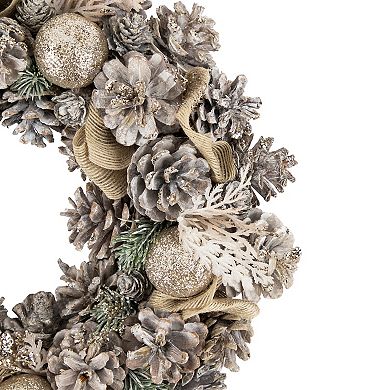 Northlight Green Pine and Burlap Bows Artificial Glitter Christmas Wreath 13.75-in. Unlit
