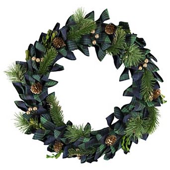 Northlight Blue and Green Plaid Bow Artificial Pine Christmas Wreath 17.75 in Unlit