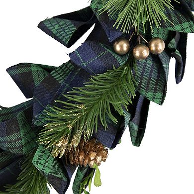 Northlight Blue and Green Plaid Bow Artificial Pine Christmas Wreath 17.75-in. Unlit