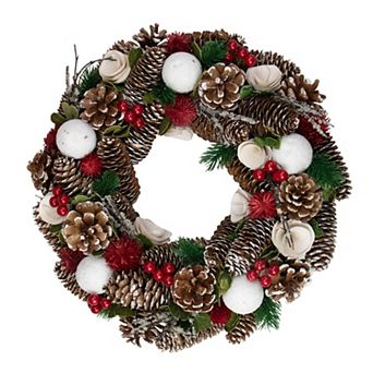 Northlight White Wooden Rose and Pine Cone with Berries Artificial Christmas Wreath 13.5 in Unlit