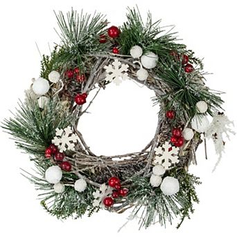 Northlight Frosted Pine Winter Foliage Berries and Stars Mini Christmas Wreath 10 in Unlit