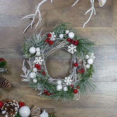 Northlight Frosted Pine Winter Foliage Berries and Stars Mini Christmas Wreath 10-in. Unlit