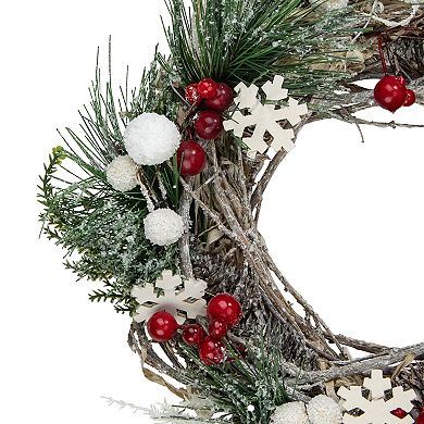 Northlight Frosted Pine Winter Foliage Berries and Stars Mini Christmas Wreath 10-in. Unlit