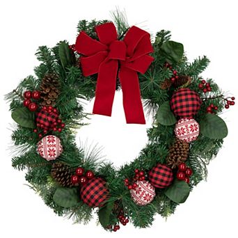 Northlight Red Bow & Mixed Foliage Artificial Christmas Wreath with Ornaments 30 in