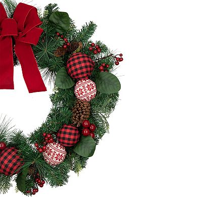 Northlight Red Bow & Mixed Foliage Artificial Christmas Wreath with Ornaments 30-in.