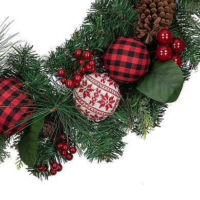 Northlight Red Bow & Mixed Foliage Artificial Christmas Wreath with Ornaments 30-in.