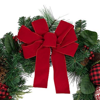Northlight Red Bow & Mixed Foliage Artificial Christmas Wreath with Ornaments 30-in.