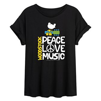 Juniors' Woodstock Peace Love Music Oversized Tee