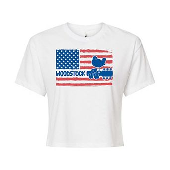 Juniors' Woodstock American Flag Logo Cropped Tee