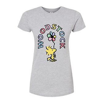 Juniors' Peanuts Woodstock Flower Fitted Graphic Tee