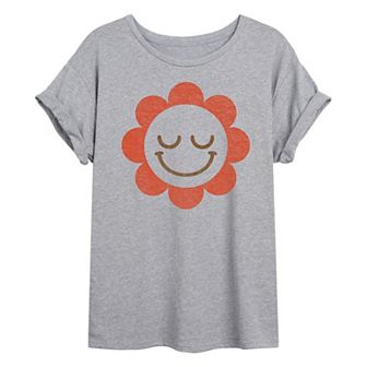 Juniors' Daisy Smiley Face Oversized Graphic Tee