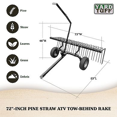 Yard Tuff 72" Pine Straw ATV Tow Behind Steel Landscape Rake w/Wheels & Handle