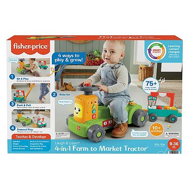 Fisher-Price Laugh & Learn 4-in-1 Farm to Market Tractor Ride-On Learning Toy for Baby & Toddlers