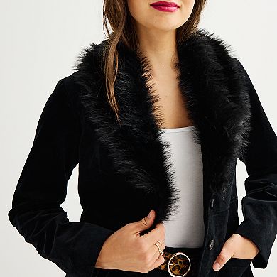 Juniors' SO® Button Front Velvet & Faux Fur Collar Jacket