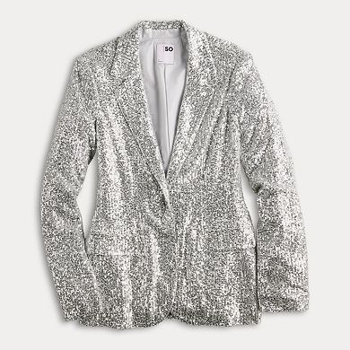 Juniors' SO® Sequin Single Button Blazer