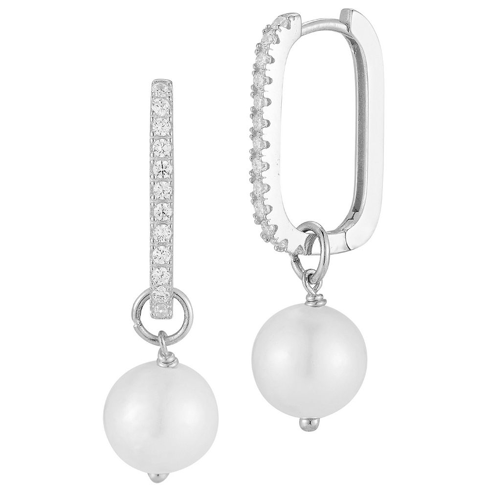 Sterling Silver Cubic Zirconia Huggie Hoop And White Freshwater Pearl Earrings