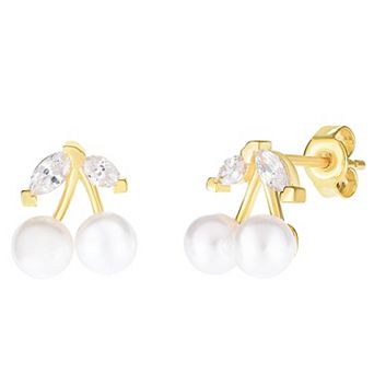 Sunkissed Sterling Cubic Zirconia and Freshwater Cultured Pearl Cherry Stud Earrings