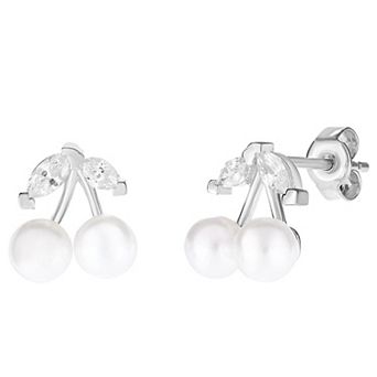 Sunkissed Sterling Cubic Zirconia and Freshwater Cultured Pearl Cherry Stud Earrings