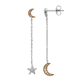 LeRose by Lexi and Rose Two-Tone 10k Gold & Sterling Silver 1/8 Carat T.W. Diamond Mismatched Moon & Star Linear Drop Earrings