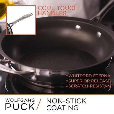 Wolfgang Puck 3-Piece Stainless Steel Skillet Set, Scratch-Resistant Non-Stick Coating, Includes a Large and Small Skillet, Clear Tempered-Glass Lid, Cool Touch Handles, Extra-Wide Rims