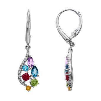 Sterling Silver Multi-Gemstone Cluster Drop Earrings