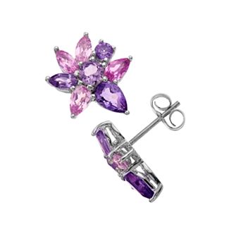 Sterling Silver Amethyst & Lab-Created Pink Sapphire Flower Stud Earrings