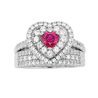 Sterling Silver Lab-Created Ruby & Lab-Created White Sapphire Heart Engagement Ring Set